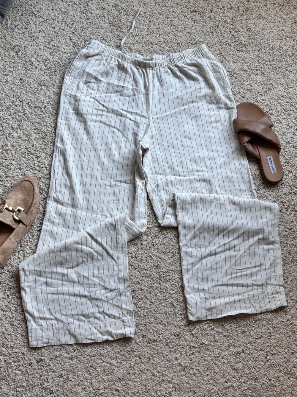 a new day Cream Pinstripe Wide-Leg Pull-On Pants with drawstring women’s M
